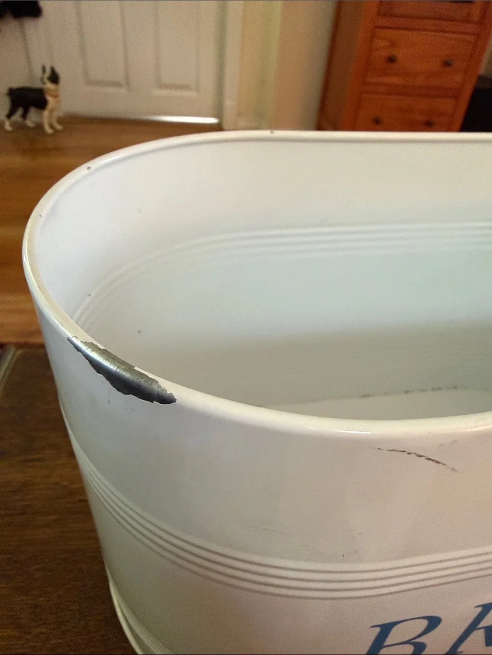White Enamel Metal Bread Box with Blue Lettering